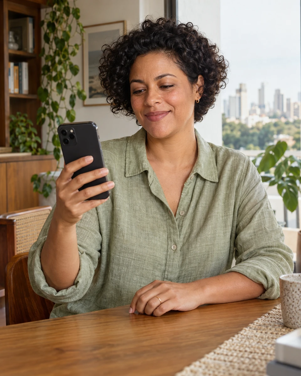 Mulher usando o celular junto à janela de casa.