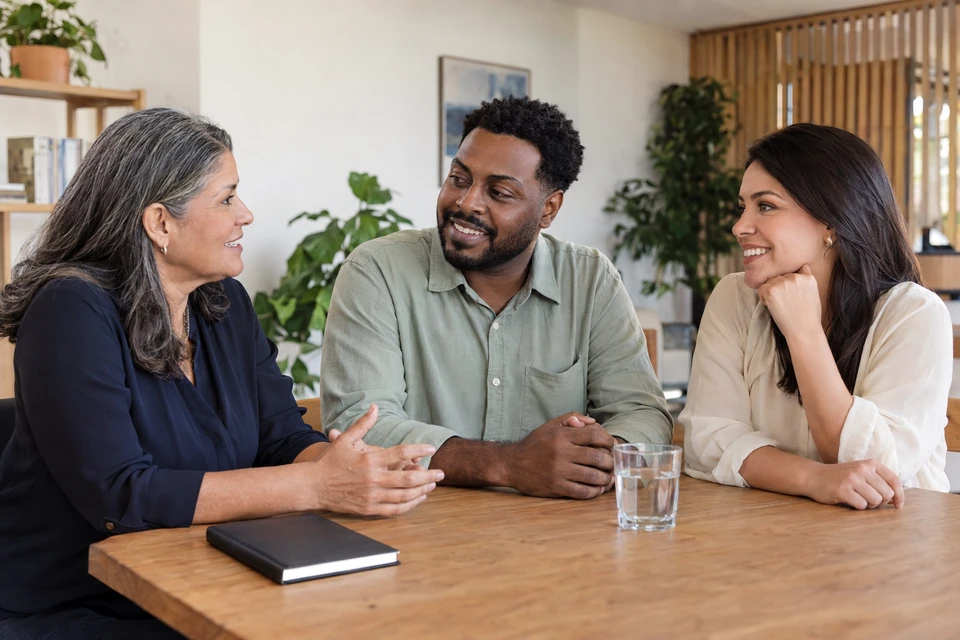 Colegas em uma conversa acolhedora no ambiente de trabalho.